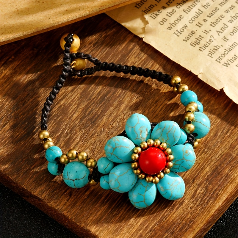 Adjustable Turquoise Flower Bracelet Vintage Inspired with Stone Beads